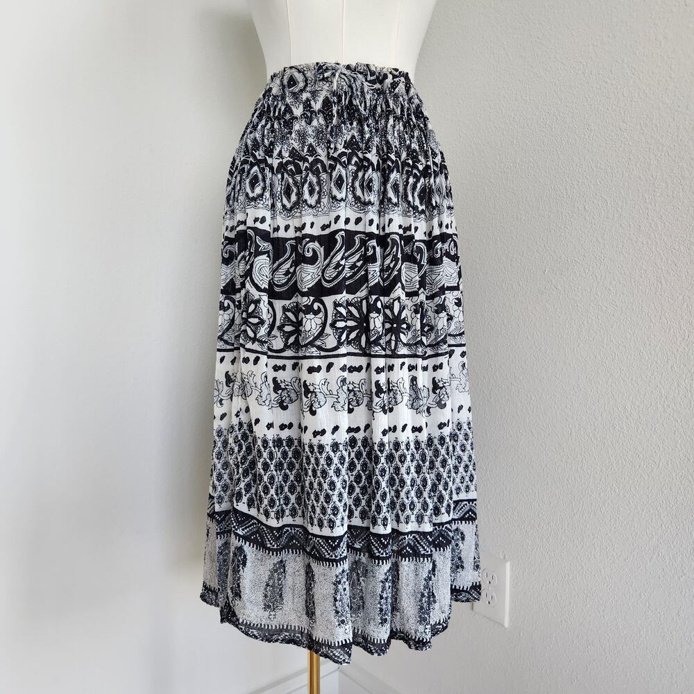 Vintage 90s Black White Paisley Print Tiered Boho Prairie Midi Skirt L